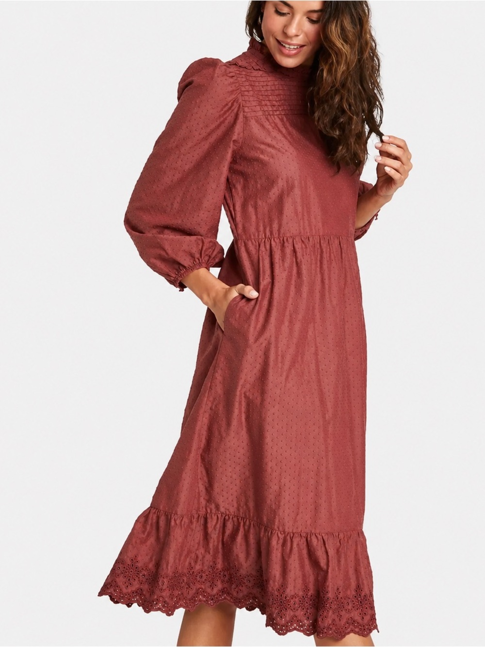 Fall Cottagecore Eyelet  Puff Balloon Sleeve Universal Thread Midi Dress M Rust